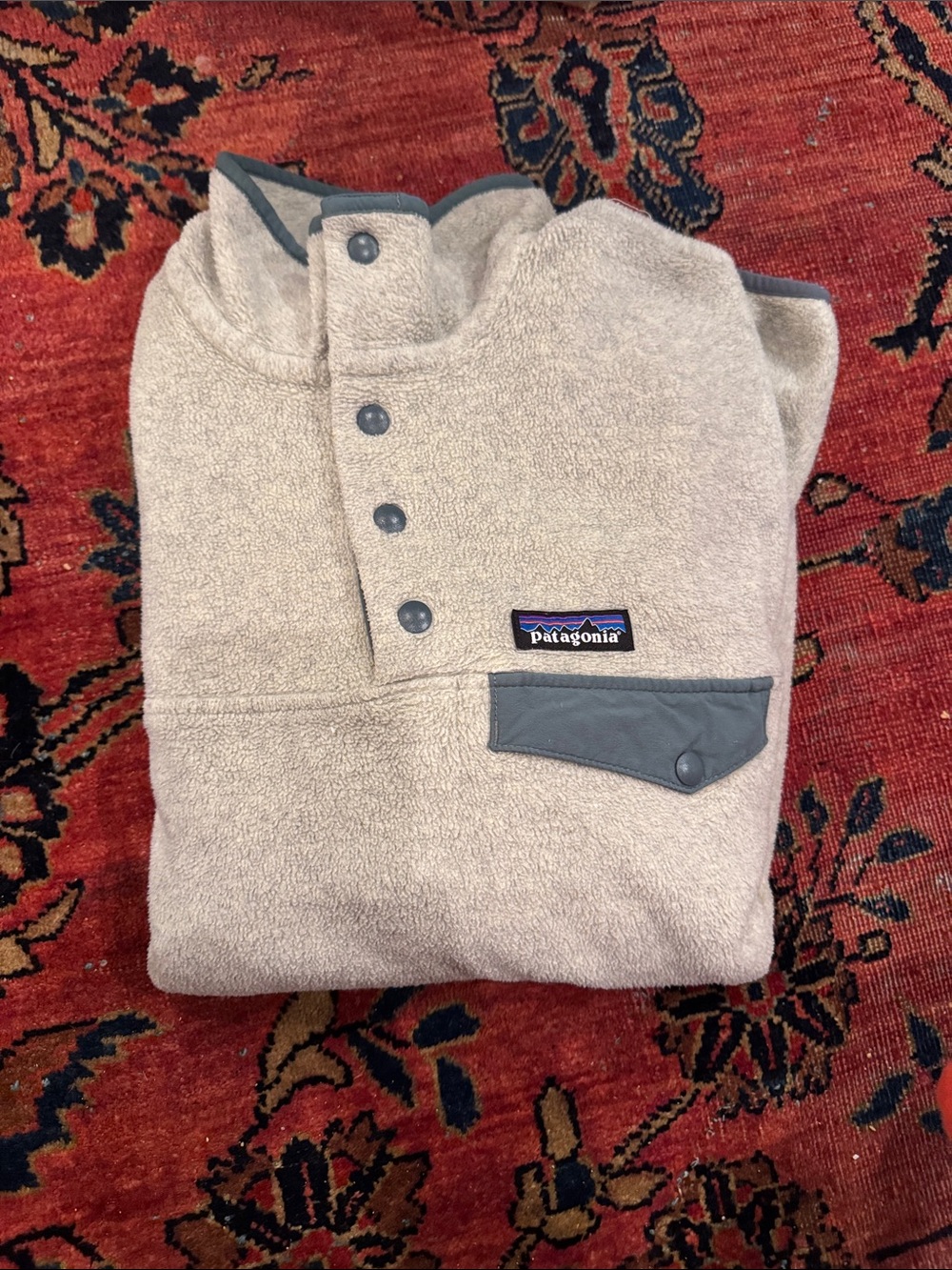 Patagonia women’s Beige Fleece Snap-T with Gray Trim